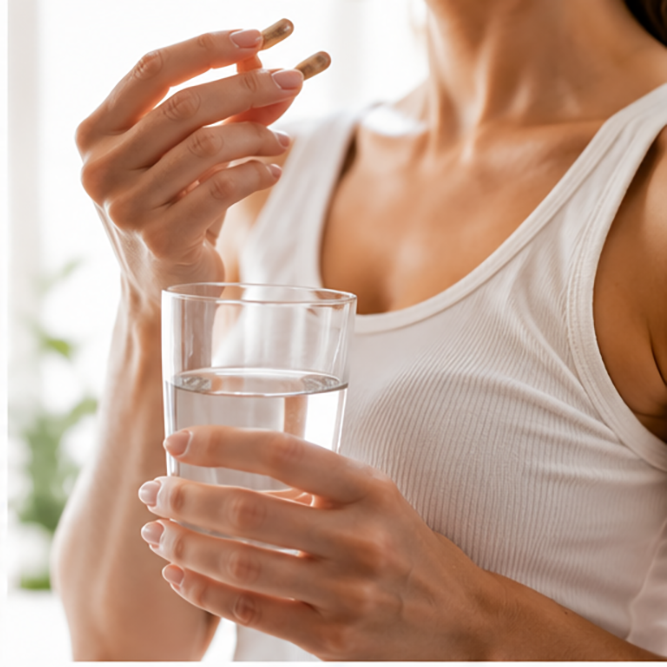 Complementos alimenticios junto a un vaso de agua