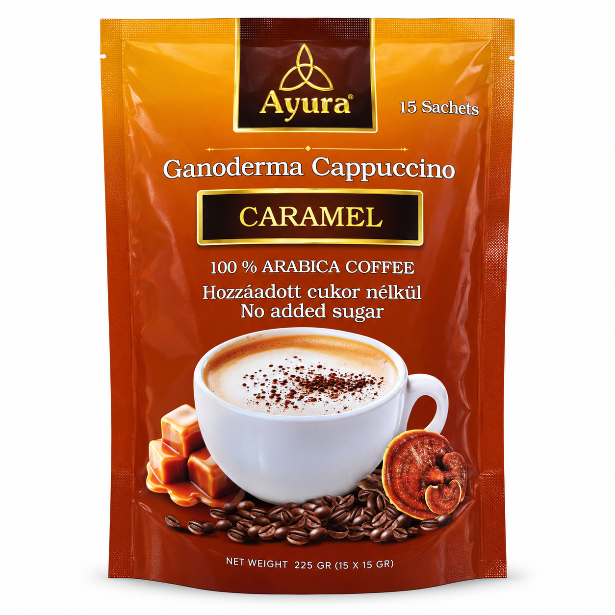 Envase Ayura Cappuccino Caramelo con Ganoderma, 15 sobres de 15 g