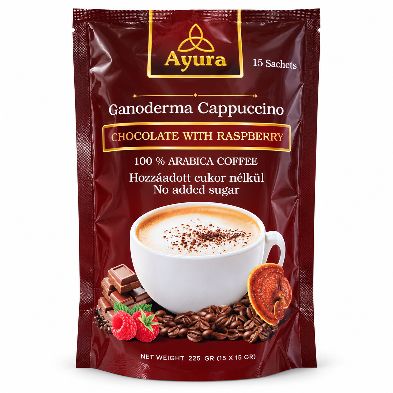 Envase Ayura Cappuccino Chocolate y Frambuesa con Ganoderma, 15 sobres de 15 g